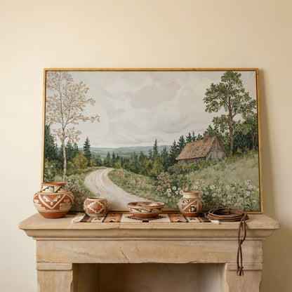 Sage Cottage with Wildflowers Canvas Print in white oak floating frame