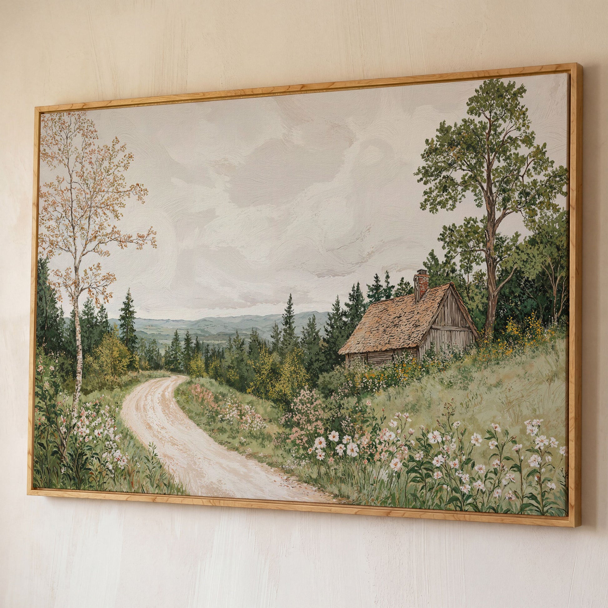 Sage Cottage with Wildflowers Canvas Print shown in white oak floating frame