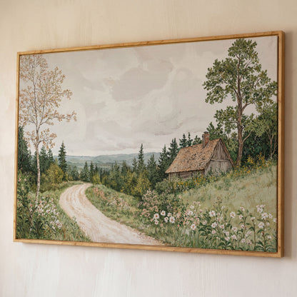 Sage Cottage with Wildflowers Canvas Print shown in white oak floating frame