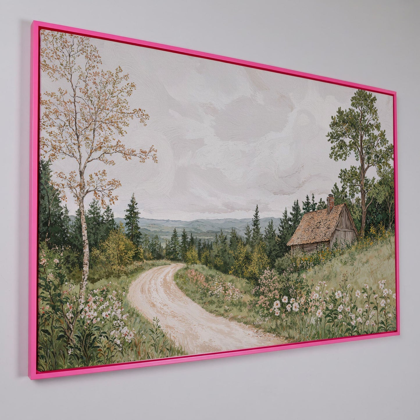 Sage Cottage with Wildflowers Canvas Print in pink floating frame