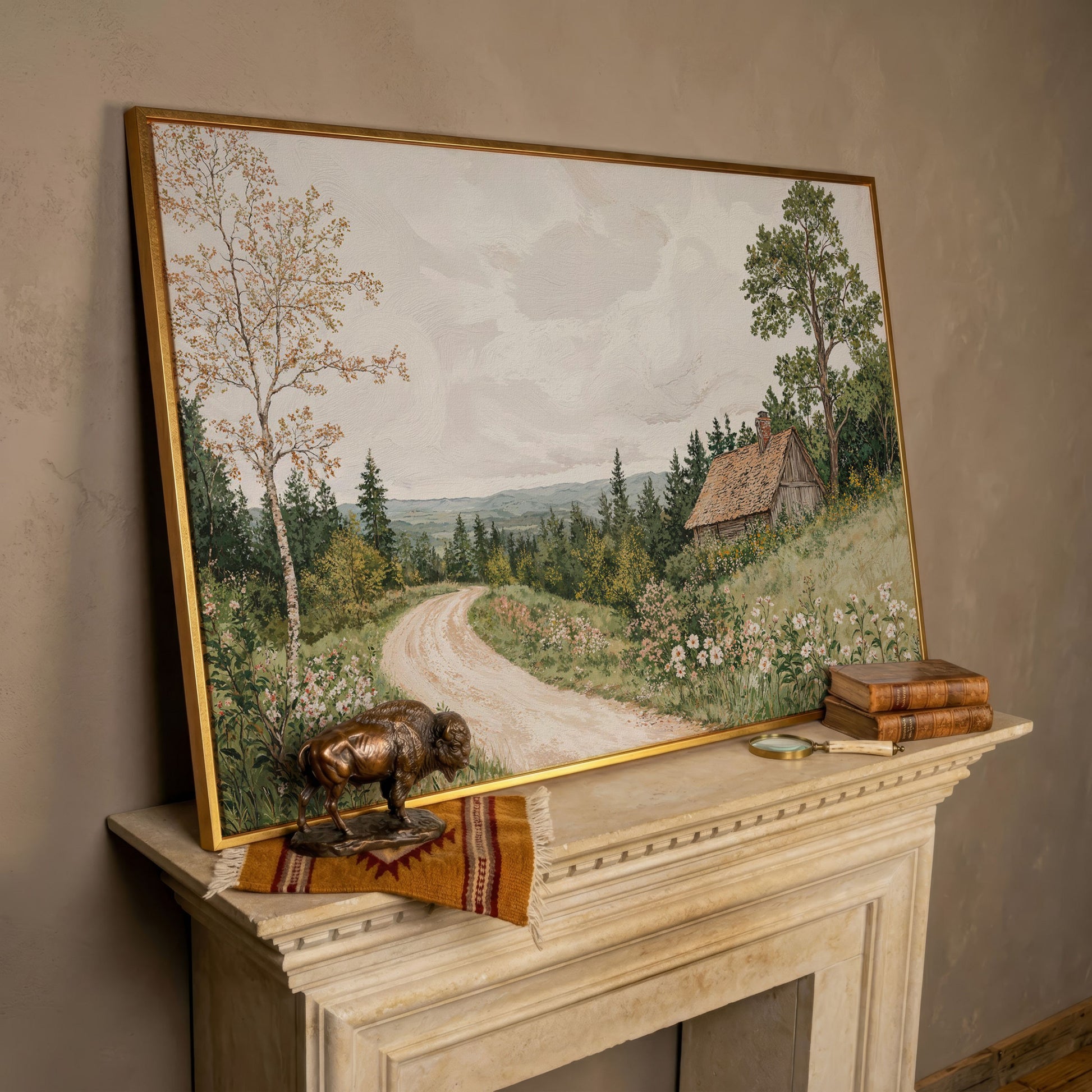 Sage Cottage with Wildflowers Canvas Print in rose gold floating frame