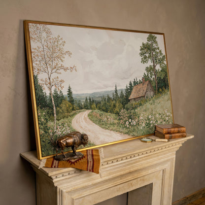 Sage Cottage with Wildflowers Canvas Print in rose gold floating frame