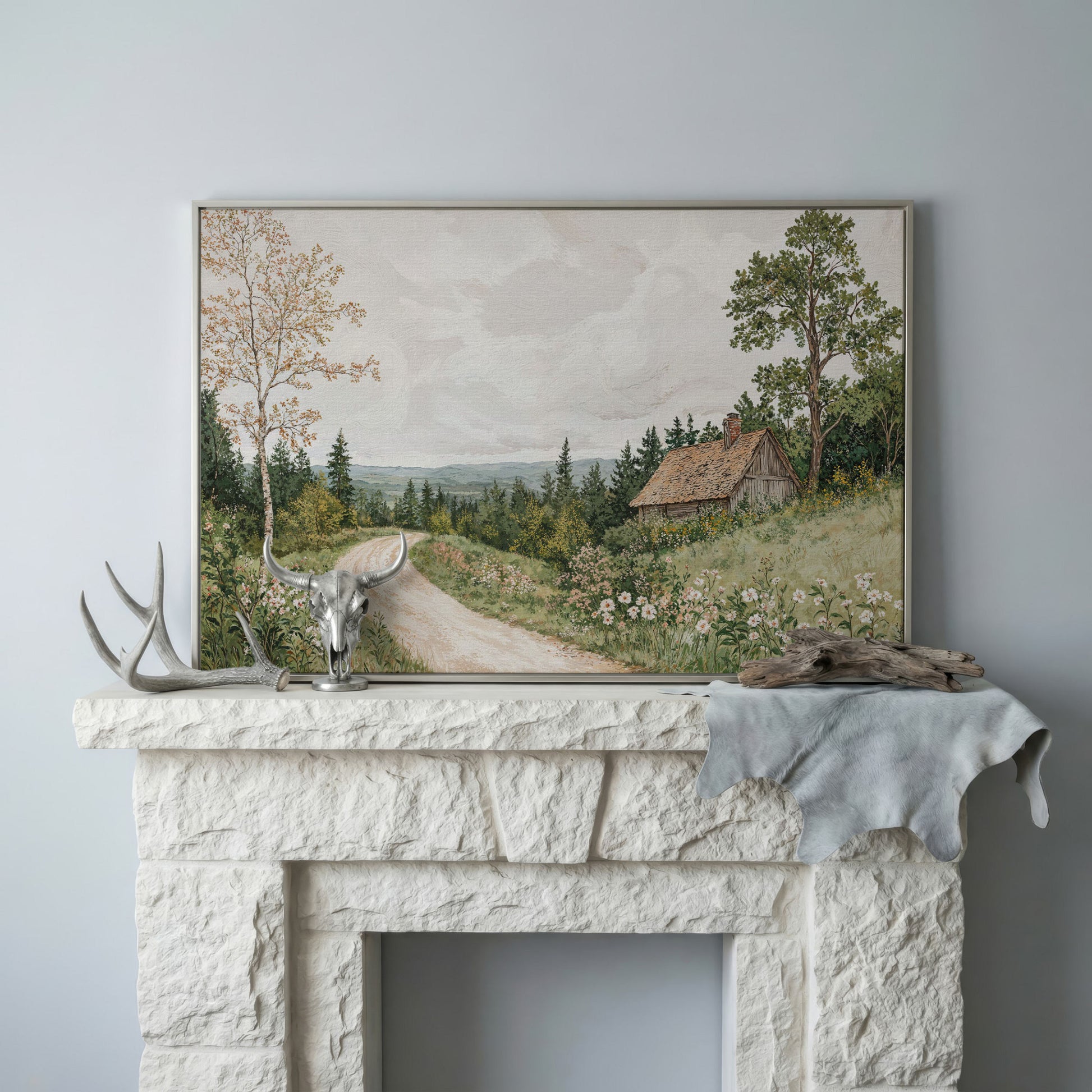 Sage Cottage with Wildflowers Canvas Print in silver floating frame