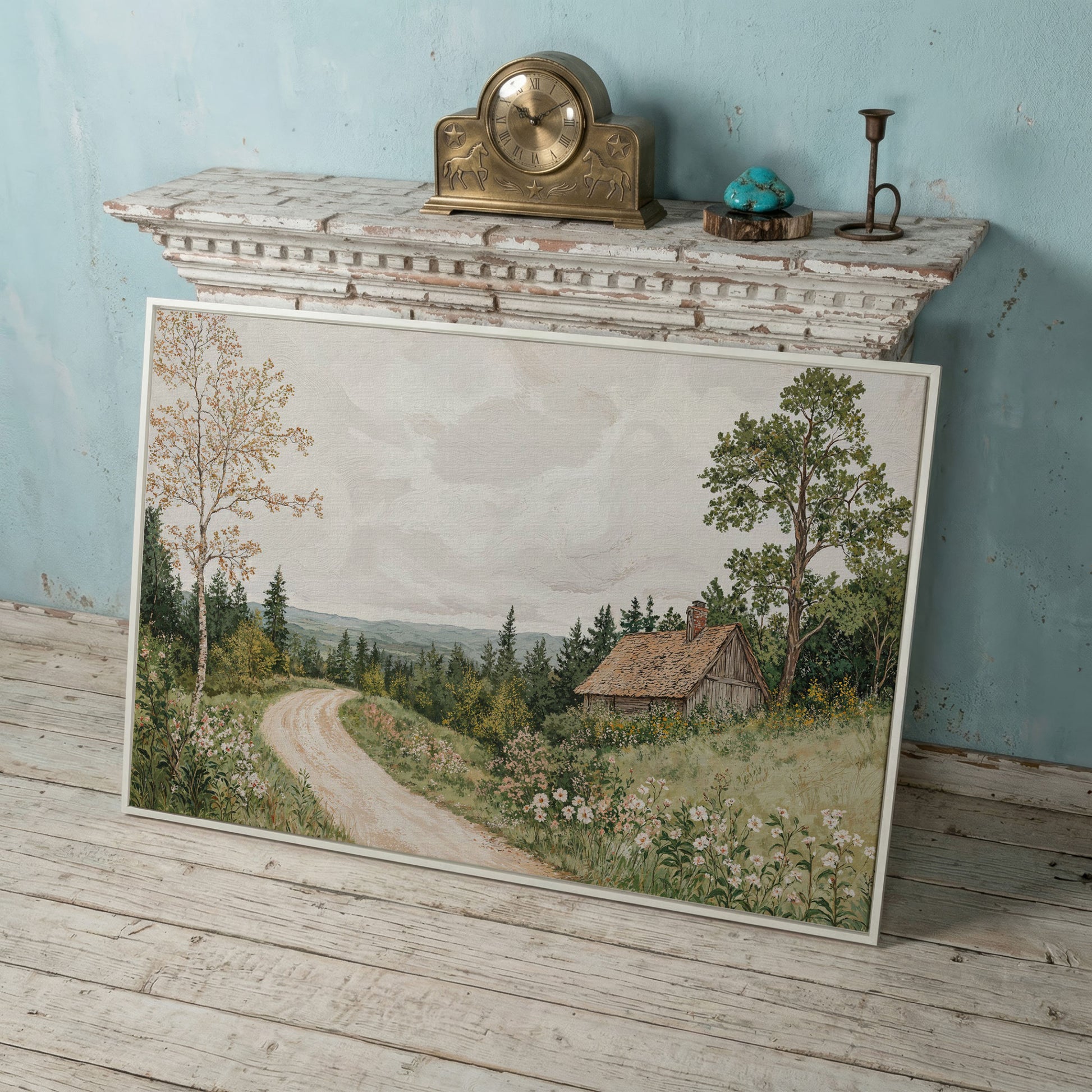 Sage Cottage with Wildflowers Canvas Print in white floating frame