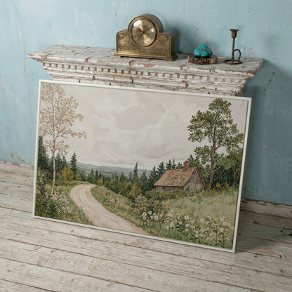 Sage Cottage with Wildflowers Canvas Print in white floating frame