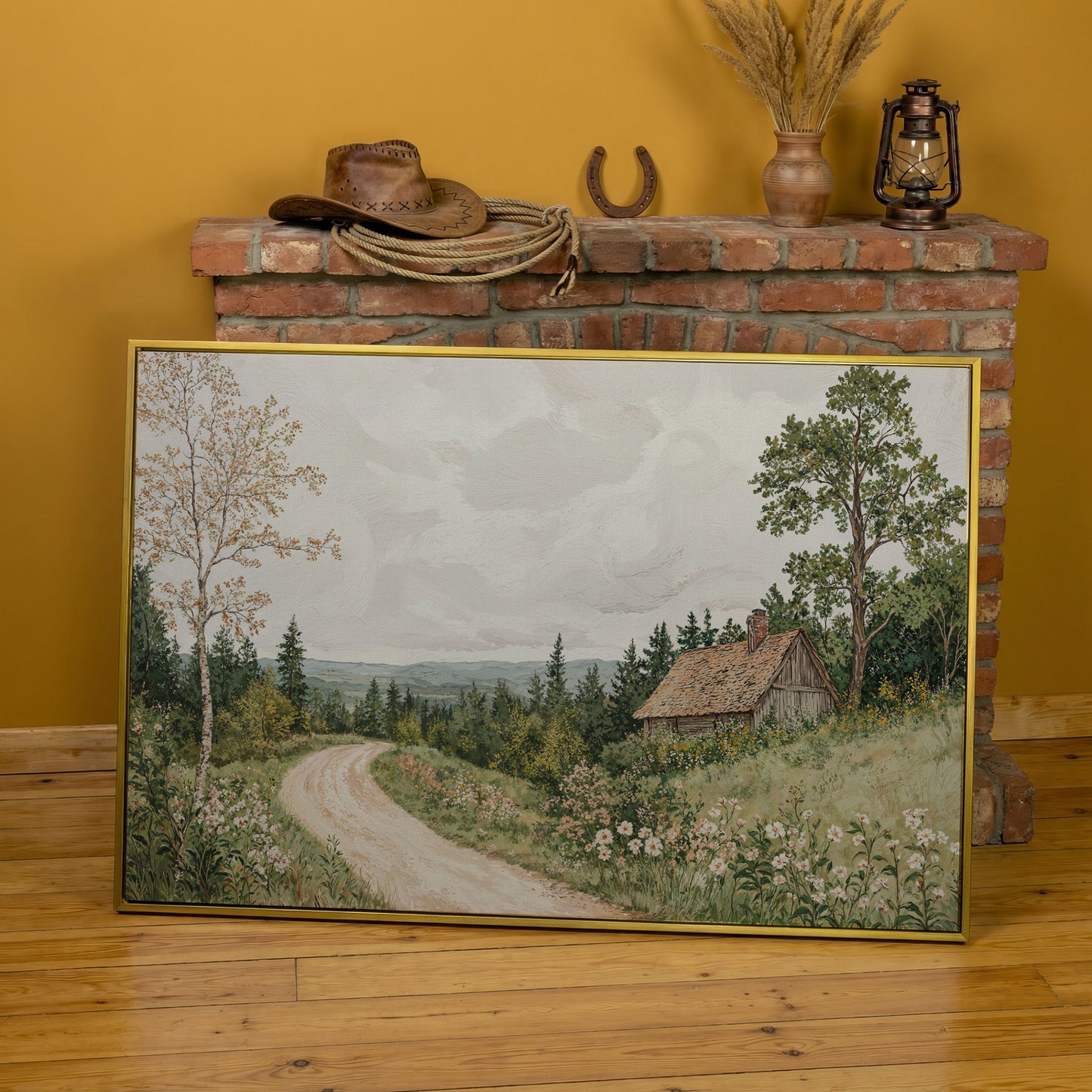 Sage Cottage with Wildflowers Canvas Print in yellow gold floating frame