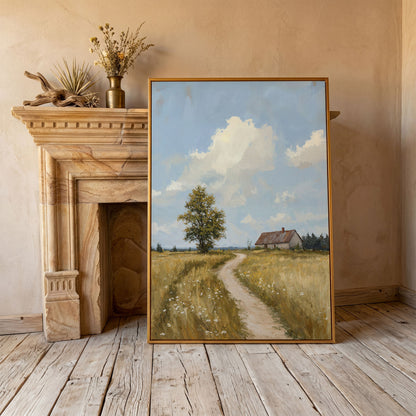 Farmhouse Path Through the Wheat Field Canvas Wall Art in antique gold floating frame