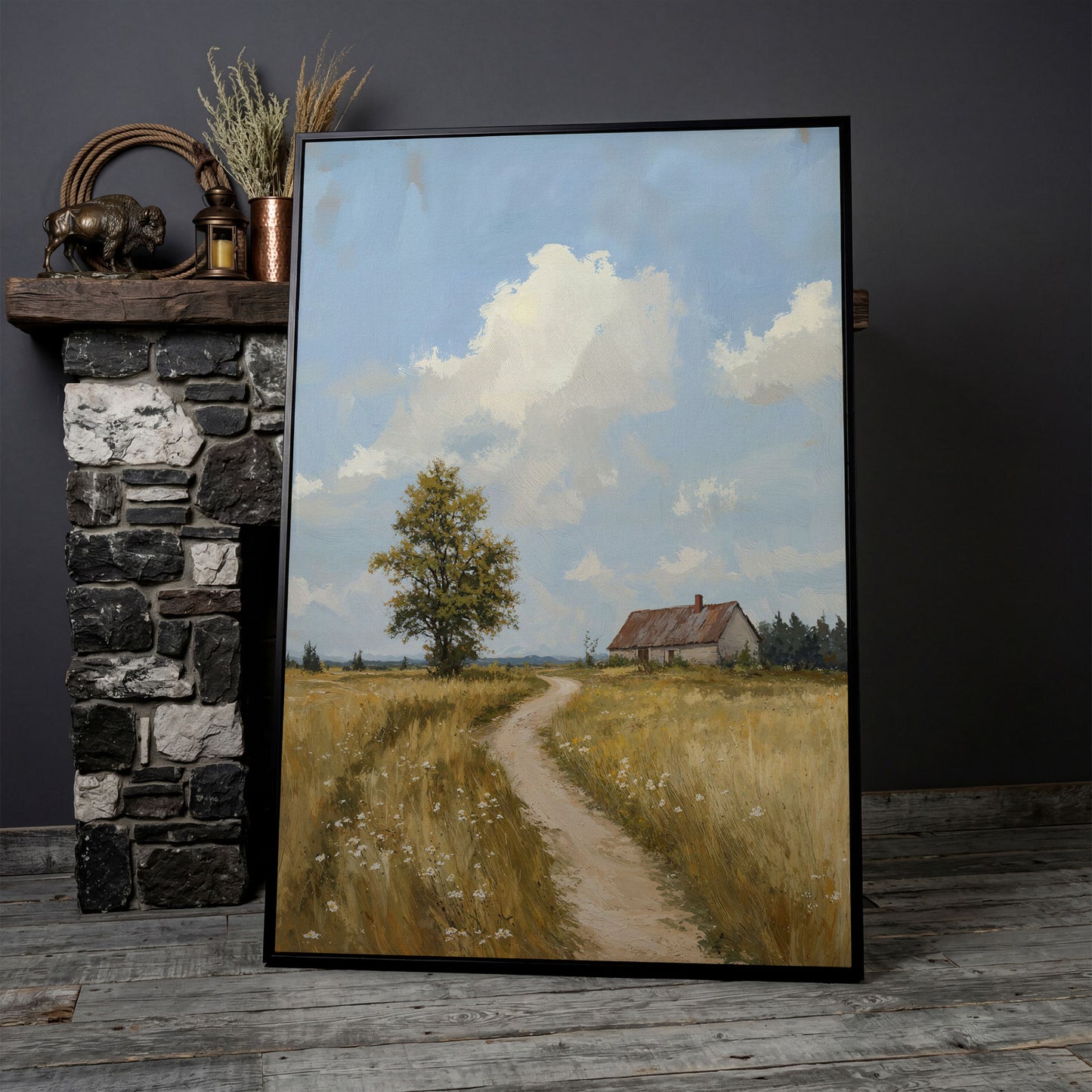 Farmhouse Path Through the Wheat Field Canvas Wall Art in black floating frame