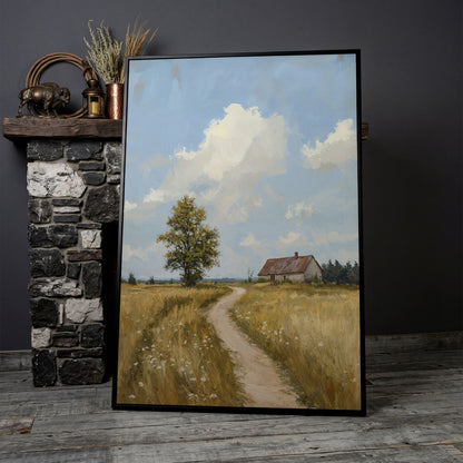 Farmhouse Path Through the Wheat Field Canvas Wall Art in black floating frame