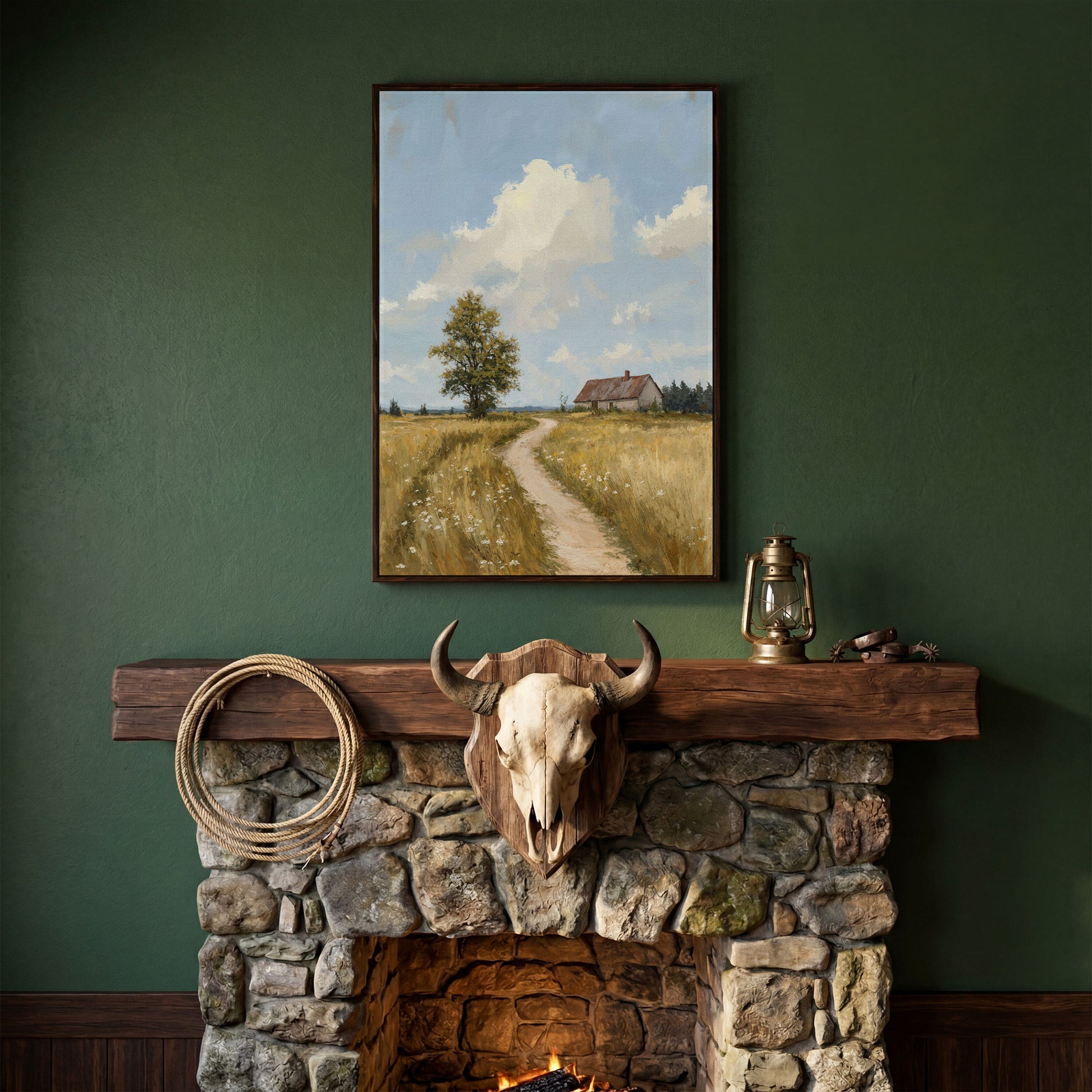 Farmhouse Path Through the Wheat Field Canvas Wall Art in dark walnut floating frame