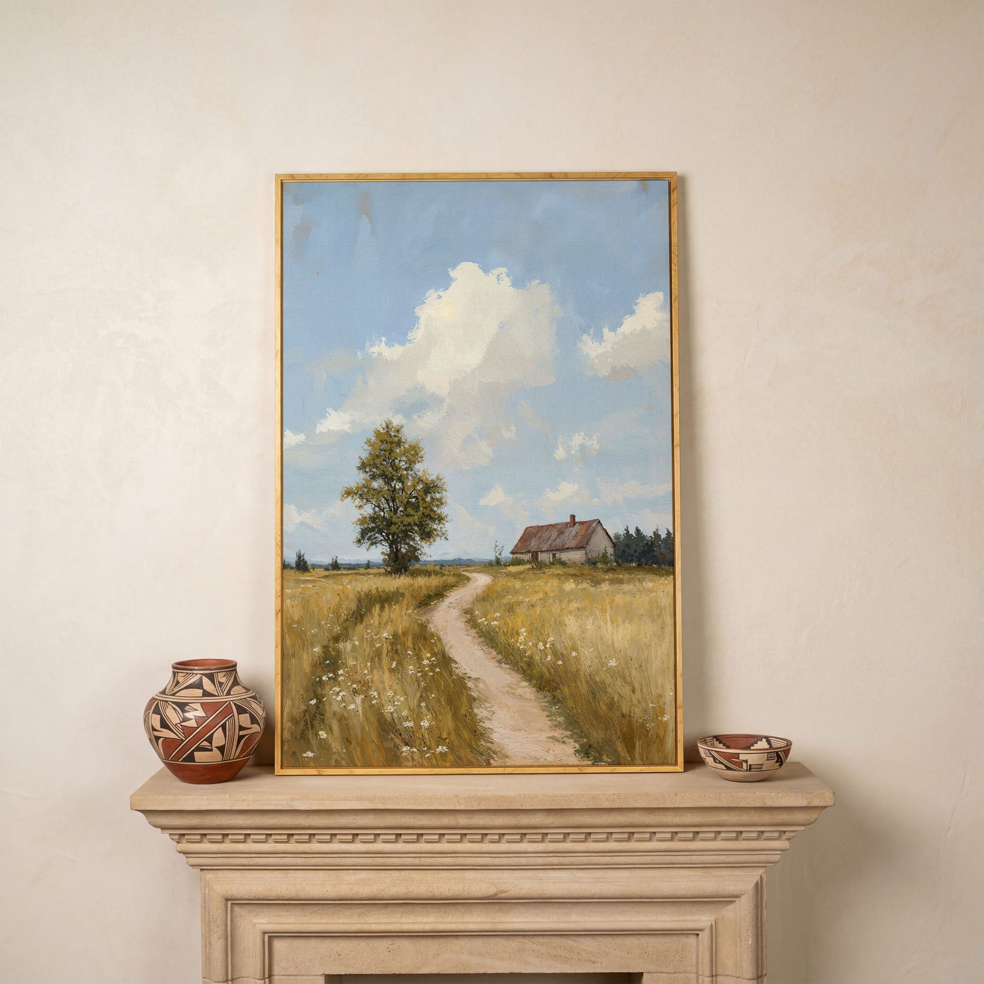 Farmhouse Path Through the Wheat Field Canvas Wall Art in white oak floating frame