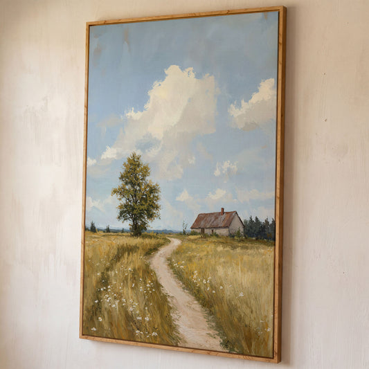 Farmhouse Path Through the Wheat Field Canvas Wall Art shown in white oak floating frame