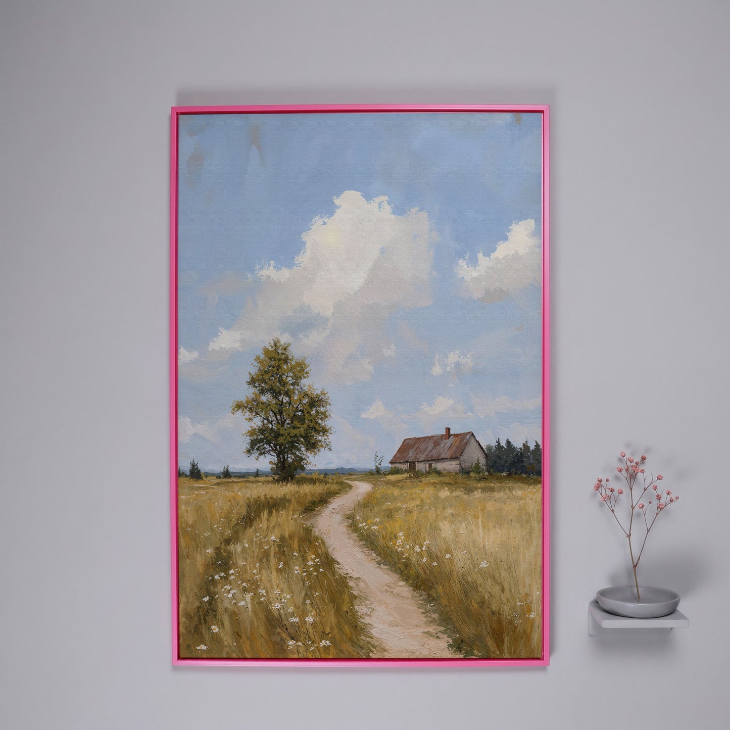 Farmhouse Path Through the Wheat Field Canvas Wall Art in pink floating frame