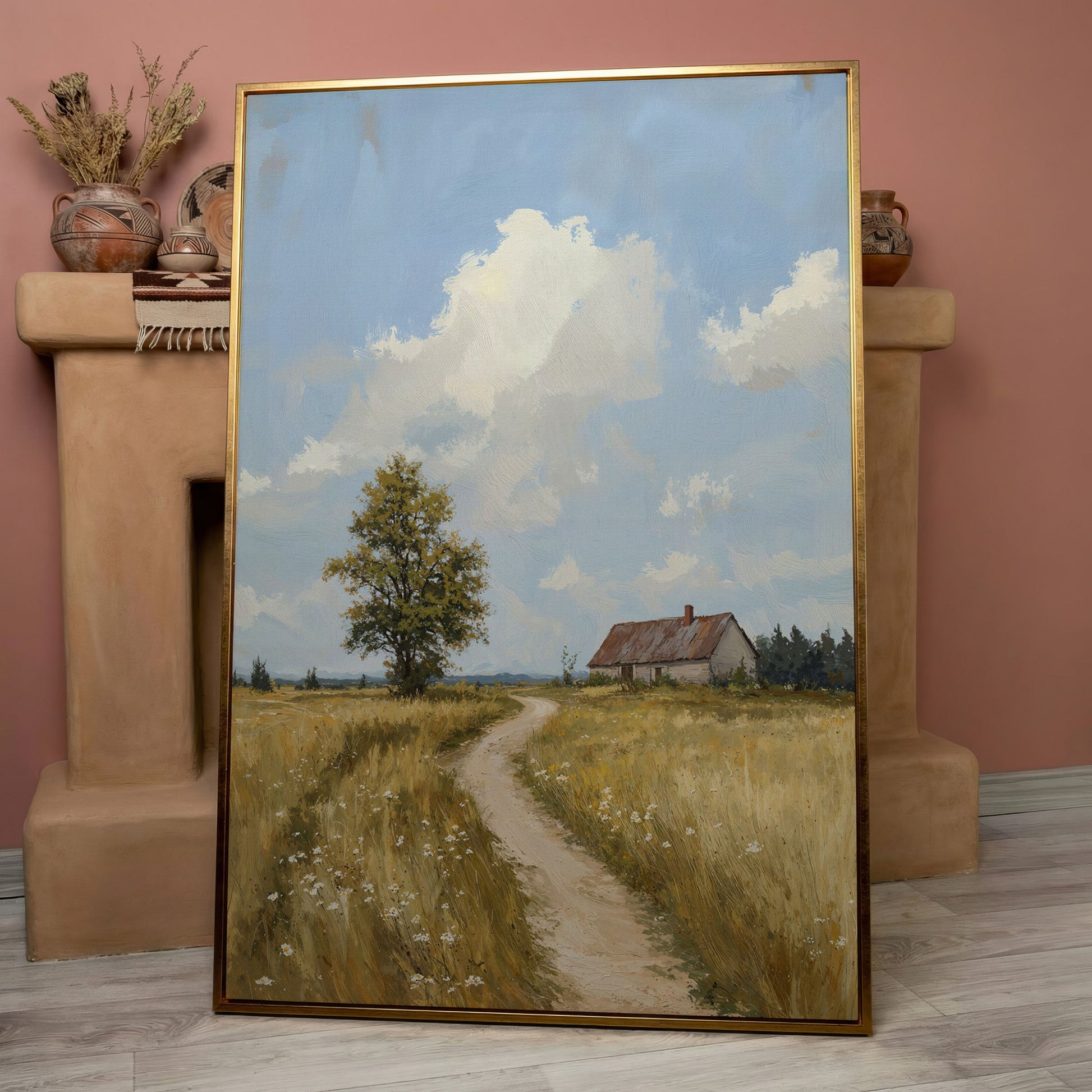 Farmhouse Path Through the Wheat Field Canvas Wall Art in rose gold floating frame