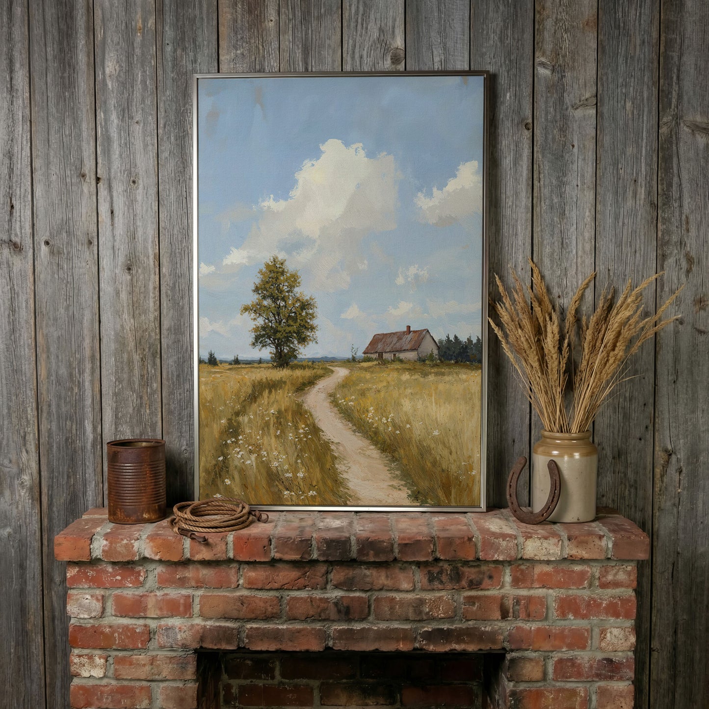 Farmhouse Path Through the Wheat Field Canvas Wall Art in silver floating frame