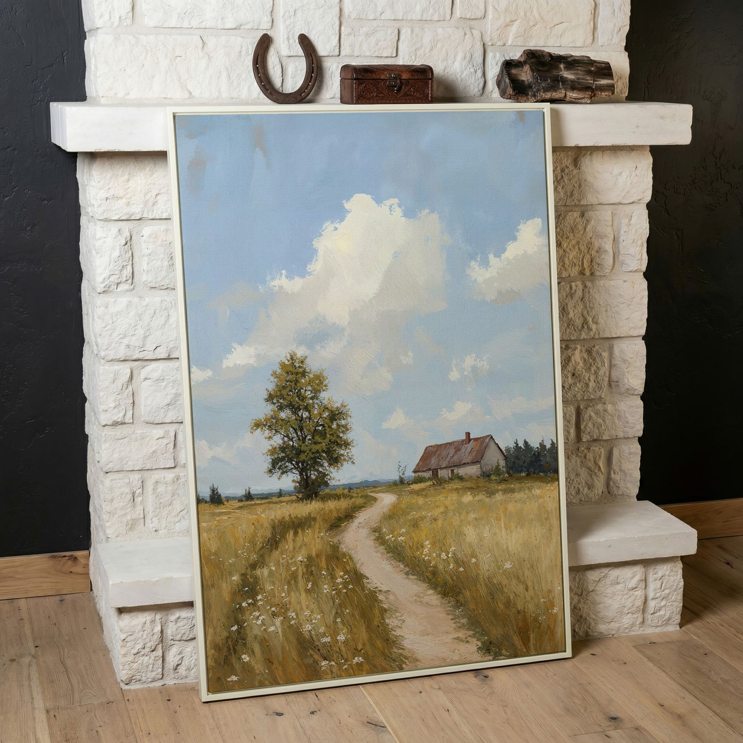 Farmhouse Path Through the Wheat Field Canvas Wall Art in white floating frame