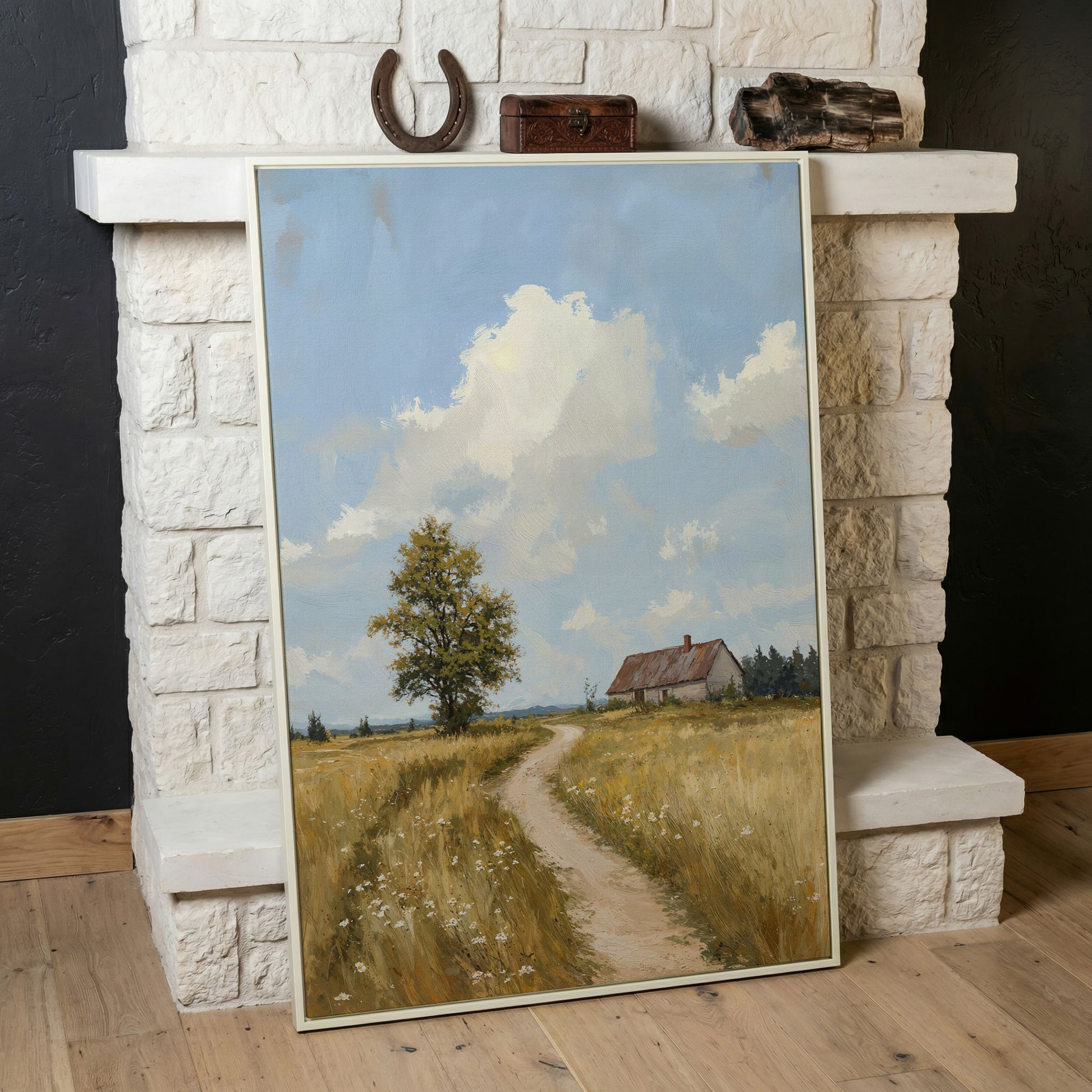 Farmhouse Path Through the Wheat Field Canvas Wall Art in white floating frame