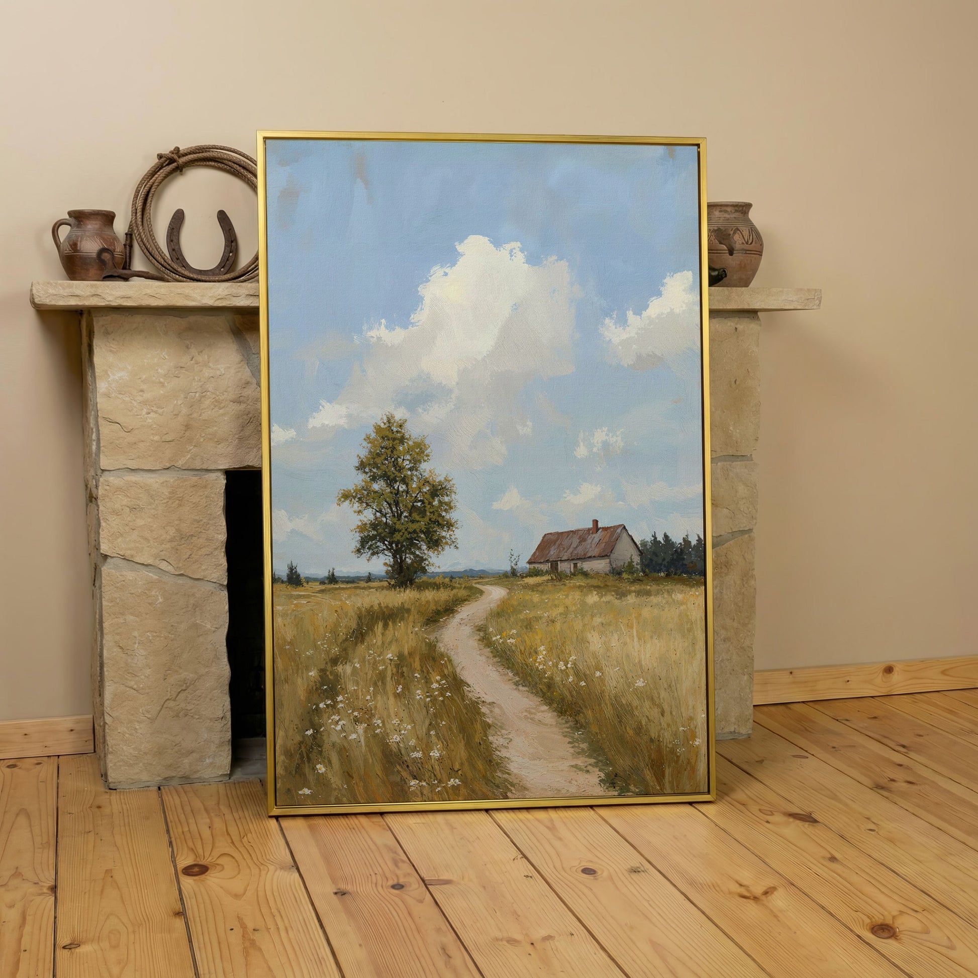 Farmhouse Path Through the Wheat Field Canvas Wall Art in yellow gold floating frame