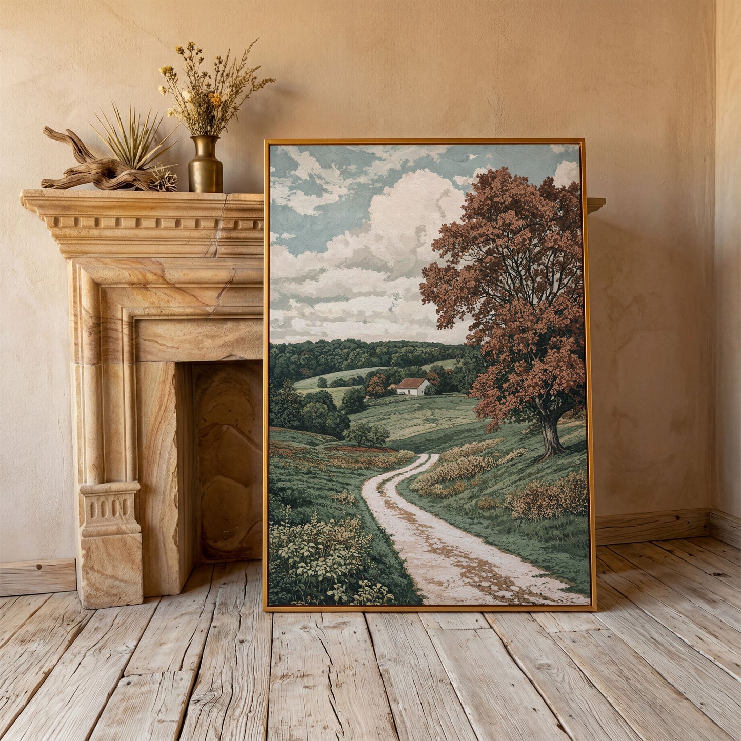 Autumn Country Road with White Cottage Canvas Wall Art in antique gold floating frame