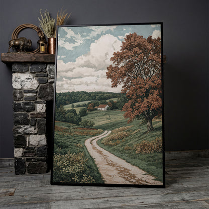 Autumn Country Road with White Cottage Canvas Wall Art in black floating frame