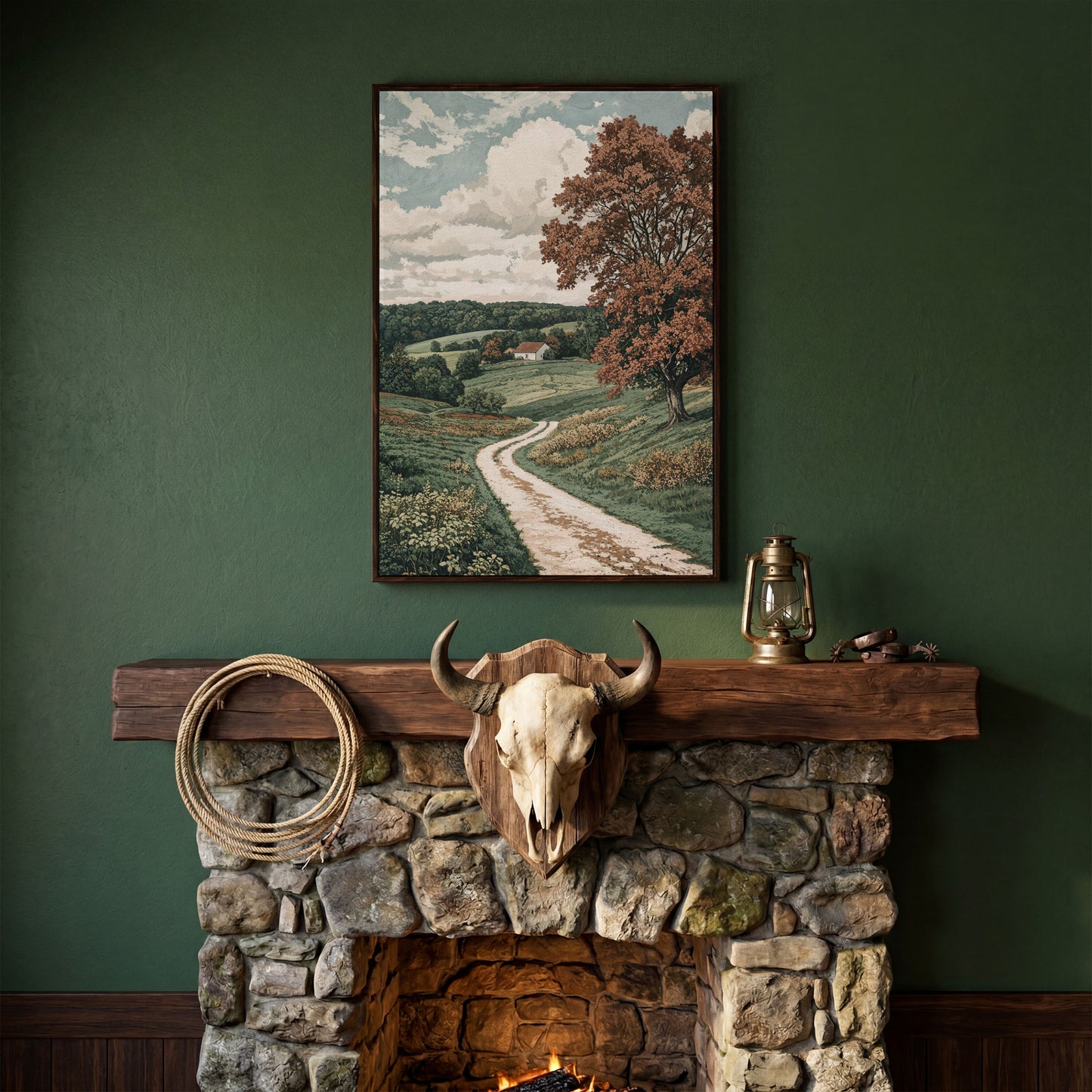 Autumn Country Road with White Cottage Canvas Wall Art in dark walnut floating frame