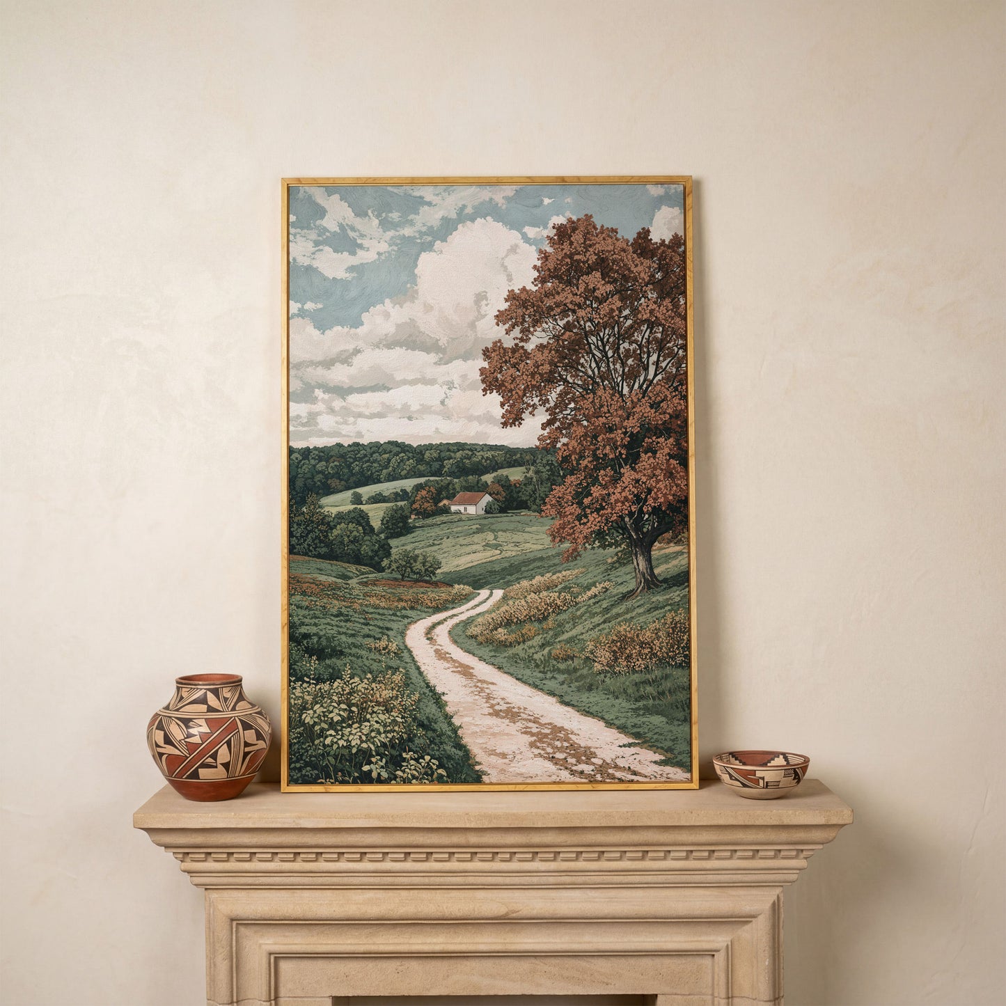 Autumn Country Road with White Cottage Canvas Wall Art in white oak floating frame