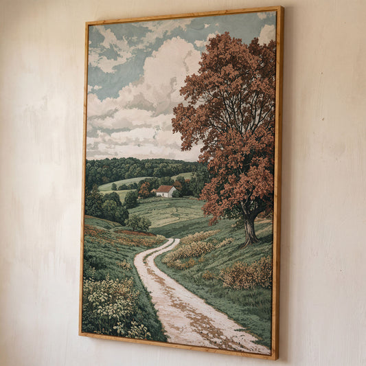 Autumn Country Road with White Cottage Canvas Wall Art shown in white oak floating frame