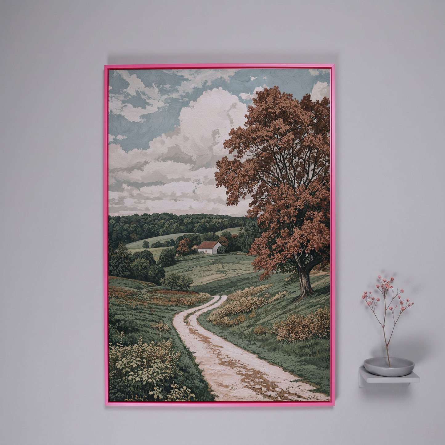 Autumn Country Road with White Cottage Canvas Wall Art in pink floating frame