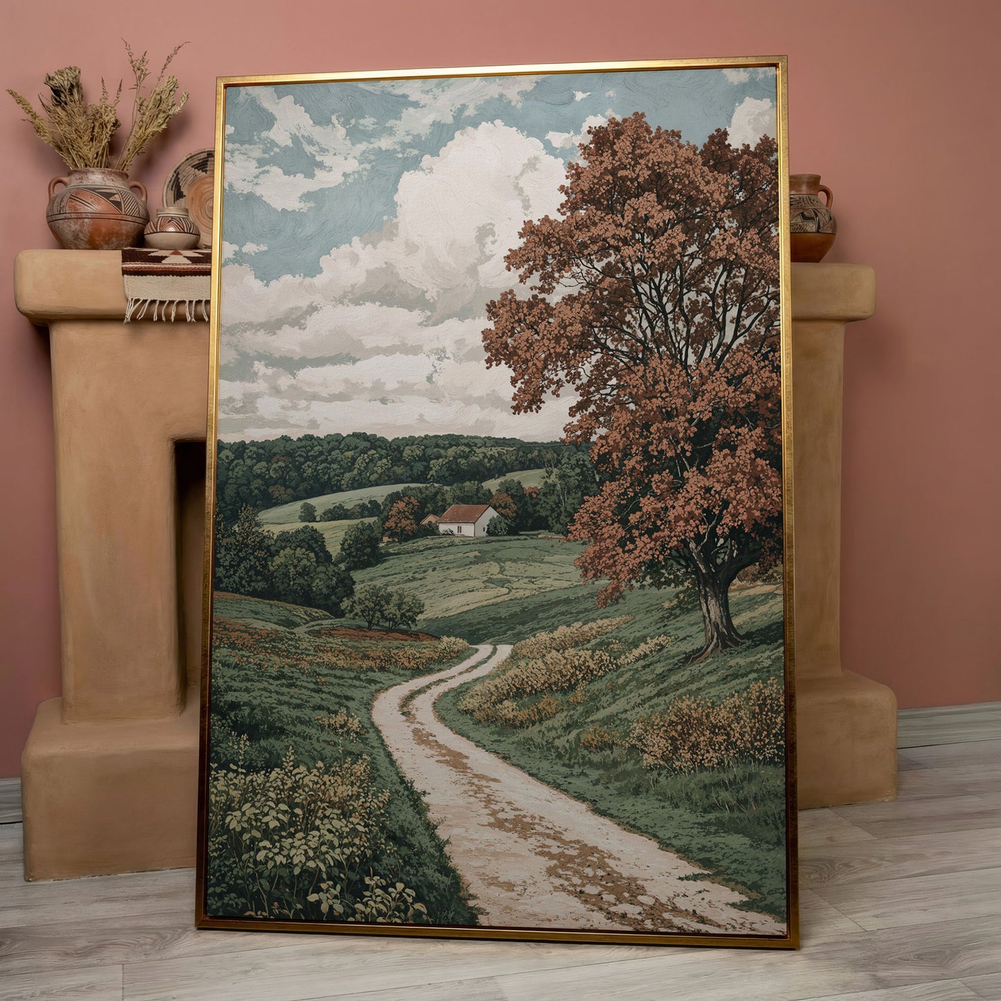 Autumn Country Road with White Cottage Canvas Wall Art in rose gold floating frame