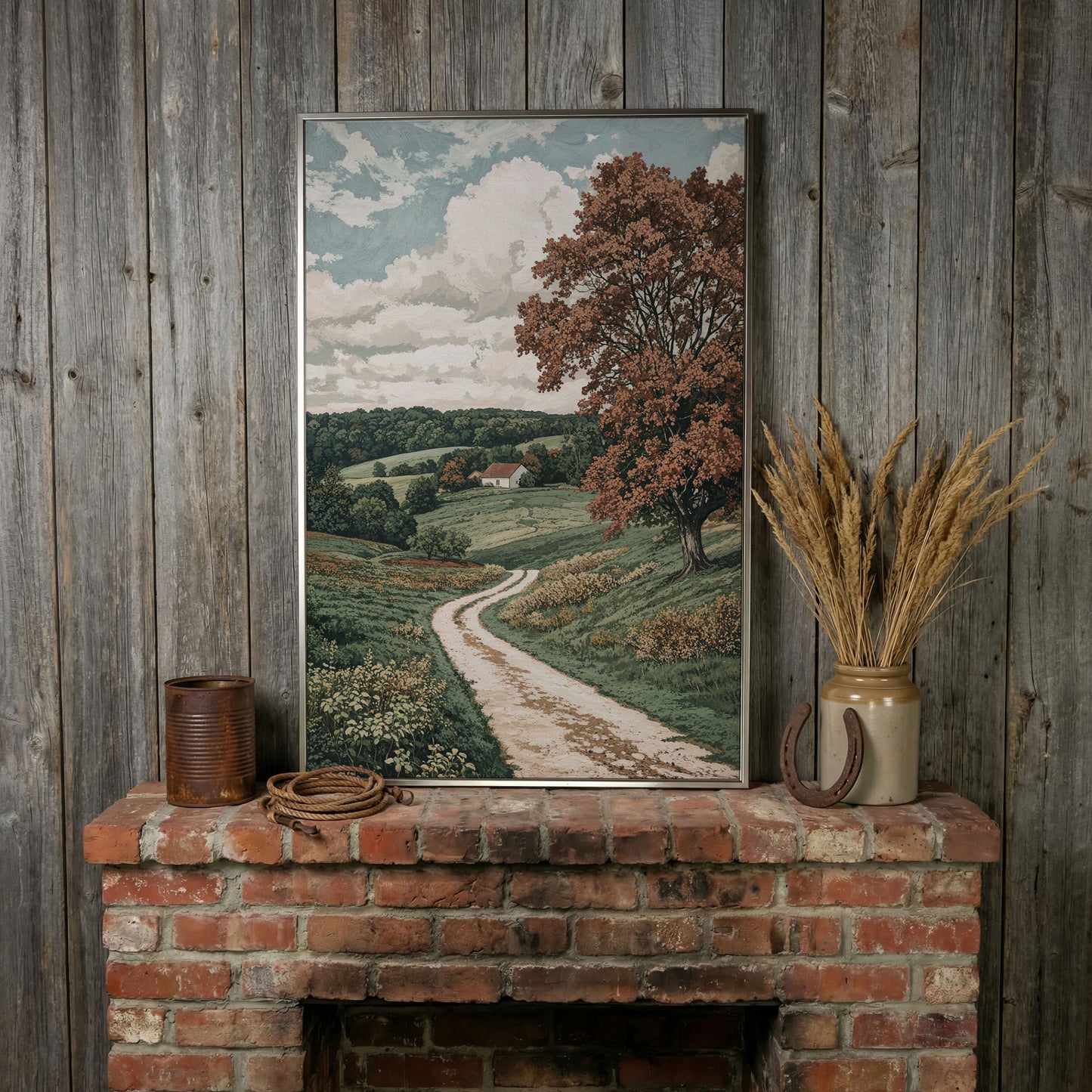 Autumn Country Road with White Cottage Canvas Wall Art in silver floating frame