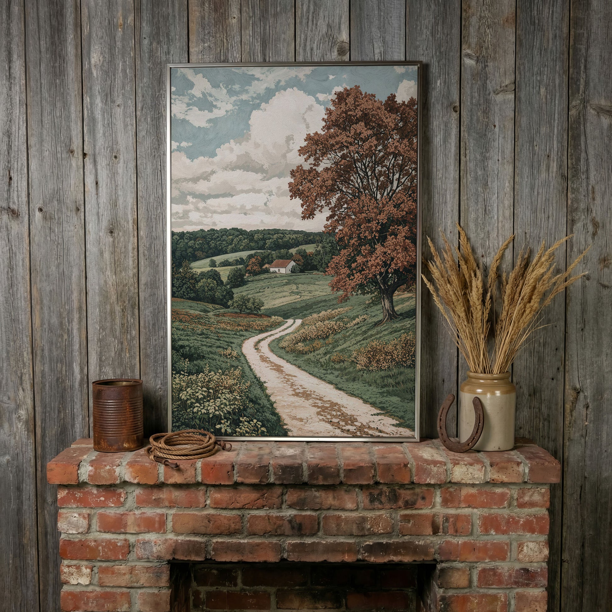 Autumn Country Road with White Cottage Canvas Wall Art in silver floating frame