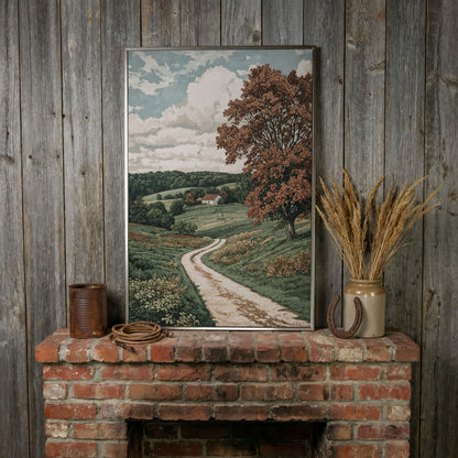 Autumn Country Road with White Cottage Canvas Wall Art in silver floating frame