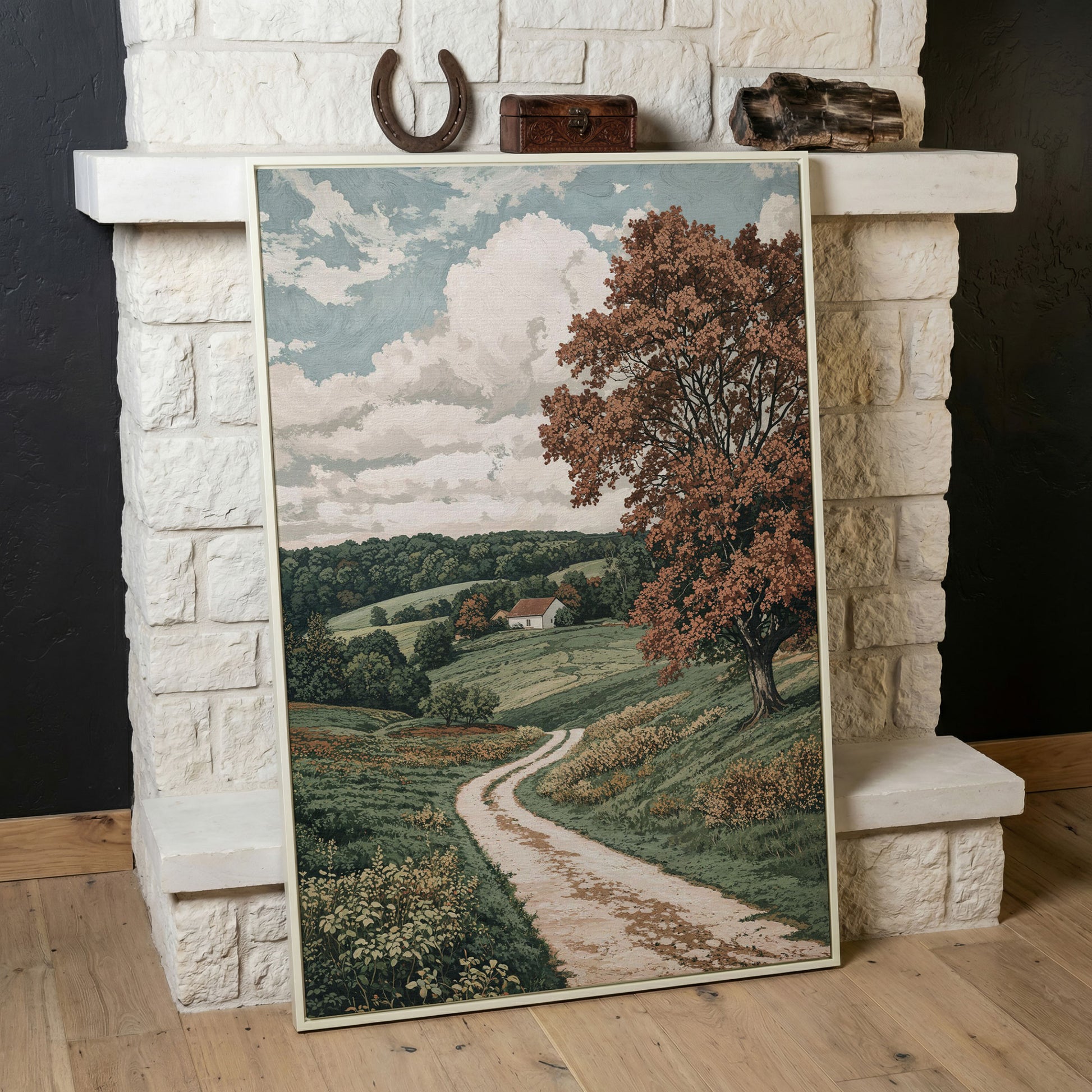 Autumn Country Road with White Cottage Canvas Wall Art in white floating frame