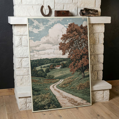 Autumn Country Road with White Cottage Canvas Wall Art in white floating frame