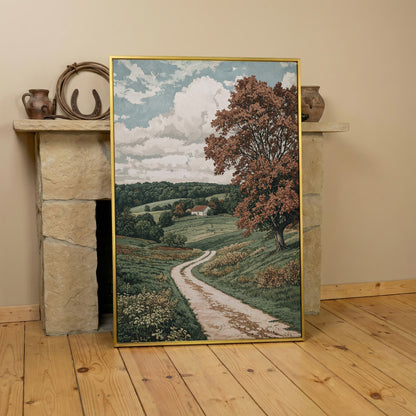 Autumn Country Road with White Cottage Canvas Wall Art in yellow gold floating frame