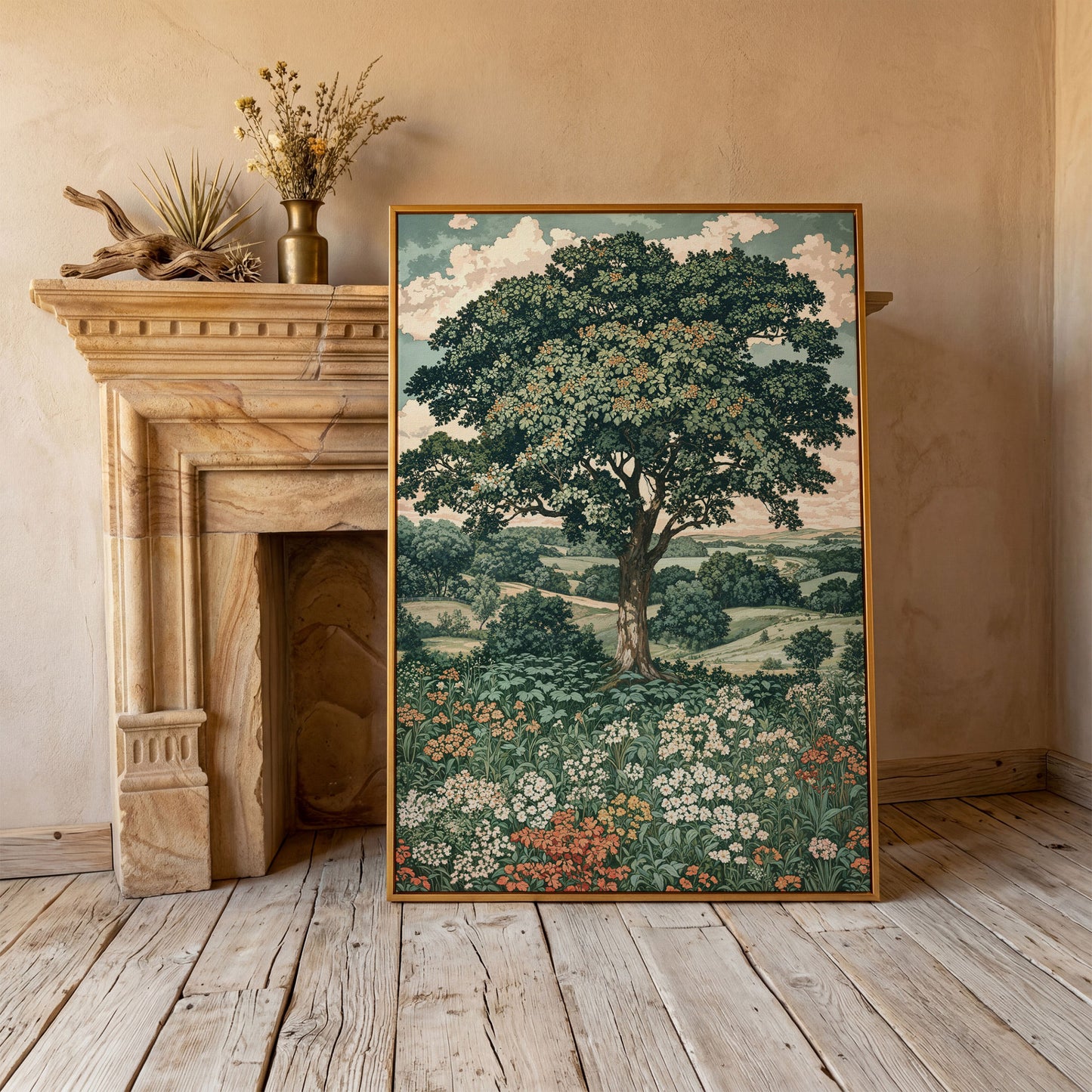 Wildflower Meadow and Rolling Hills Canvas Wall Art in antique gold floating frame