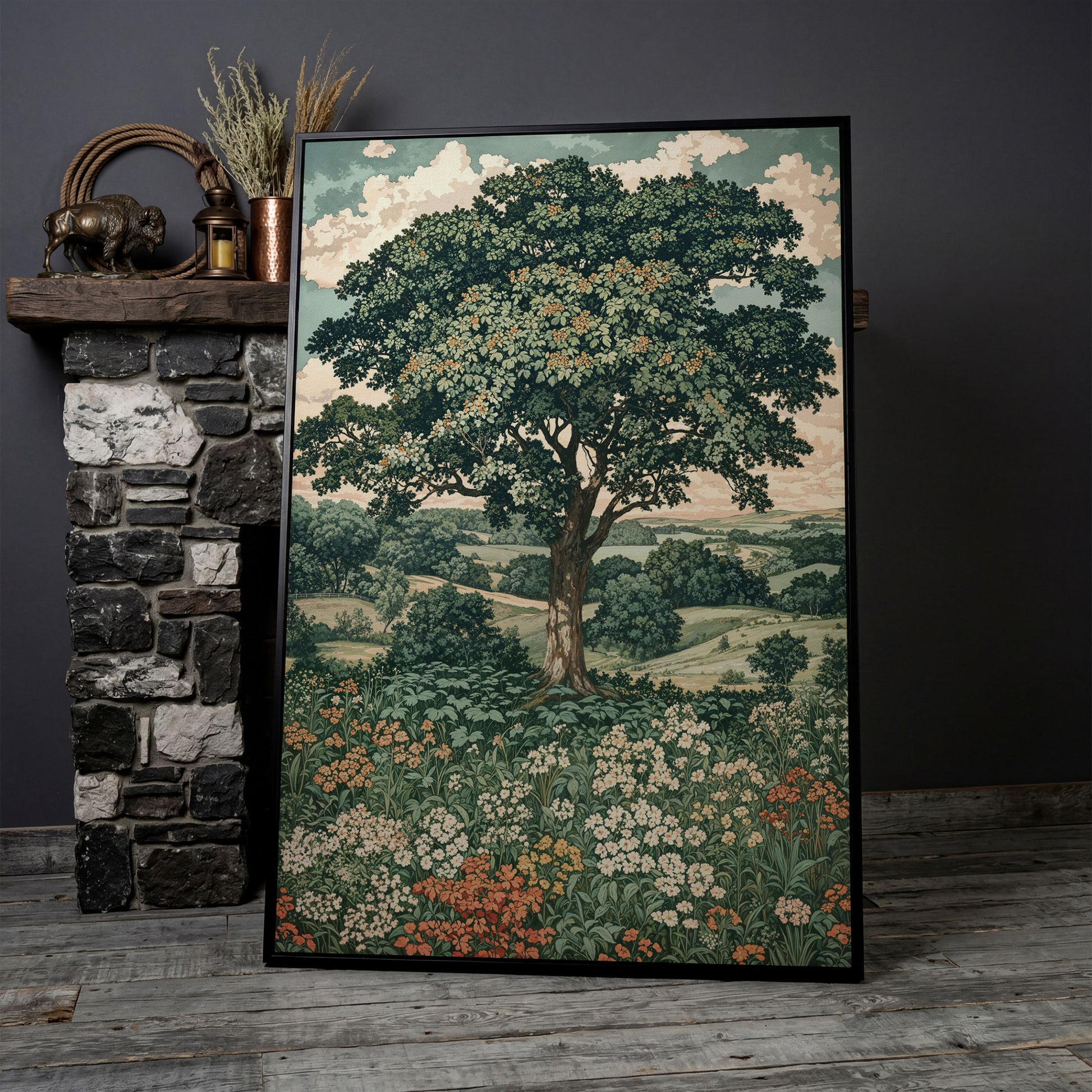 Wildflower Meadow and Rolling Hills Canvas Wall Art in black floating frame