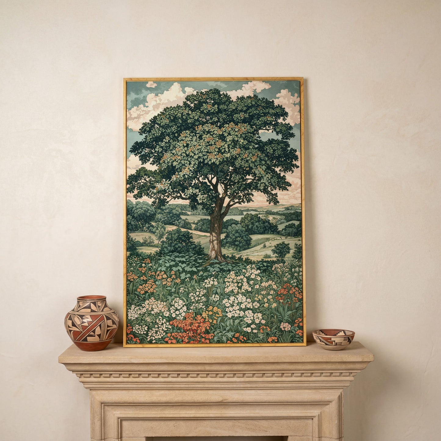 Wildflower Meadow and Rolling Hills Canvas Wall Art in white oak floating frame