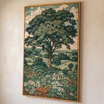 Wildflower Meadow and Rolling Hills Canvas Wall Art shown in white oak floating frame