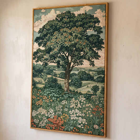Wildflower Meadow and Rolling Hills Canvas Wall Art shown in white oak floating frame