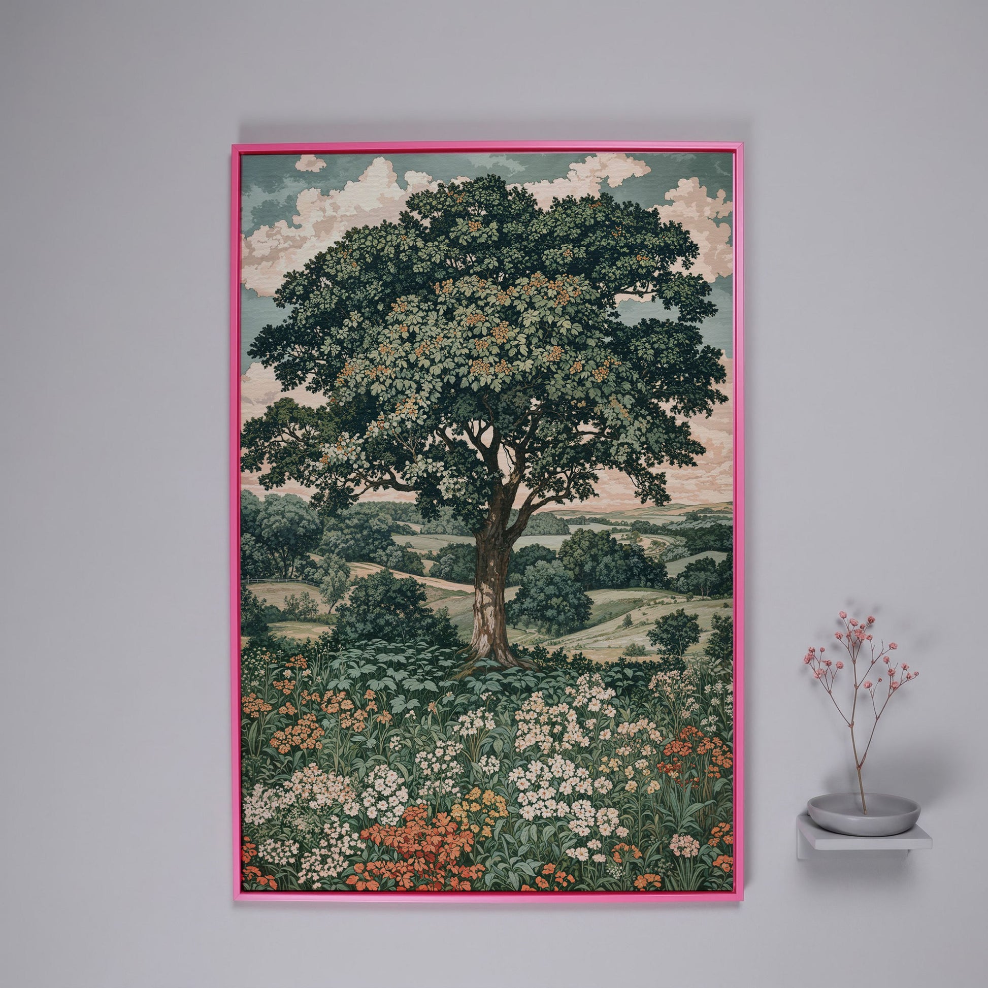 Wildflower Meadow and Rolling Hills Canvas Wall Art in pink floating frame