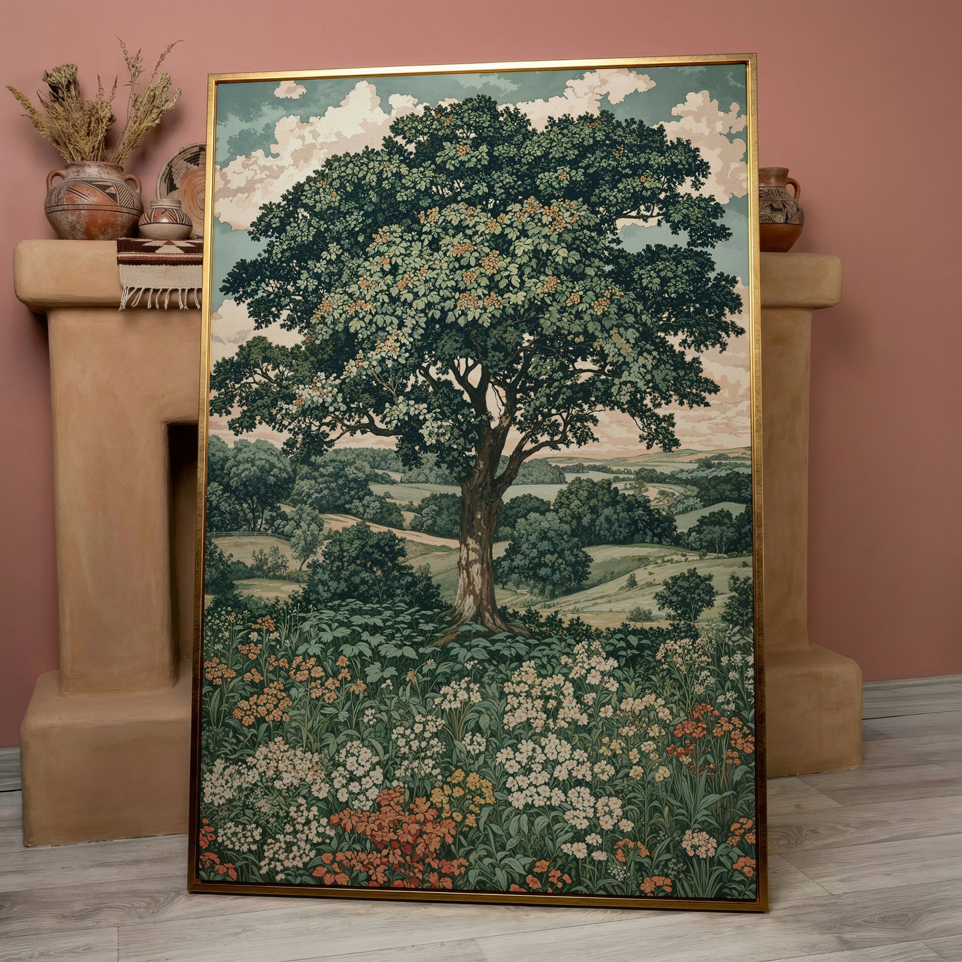 Wildflower Meadow and Rolling Hills Canvas Wall Art in rose gold floating frame