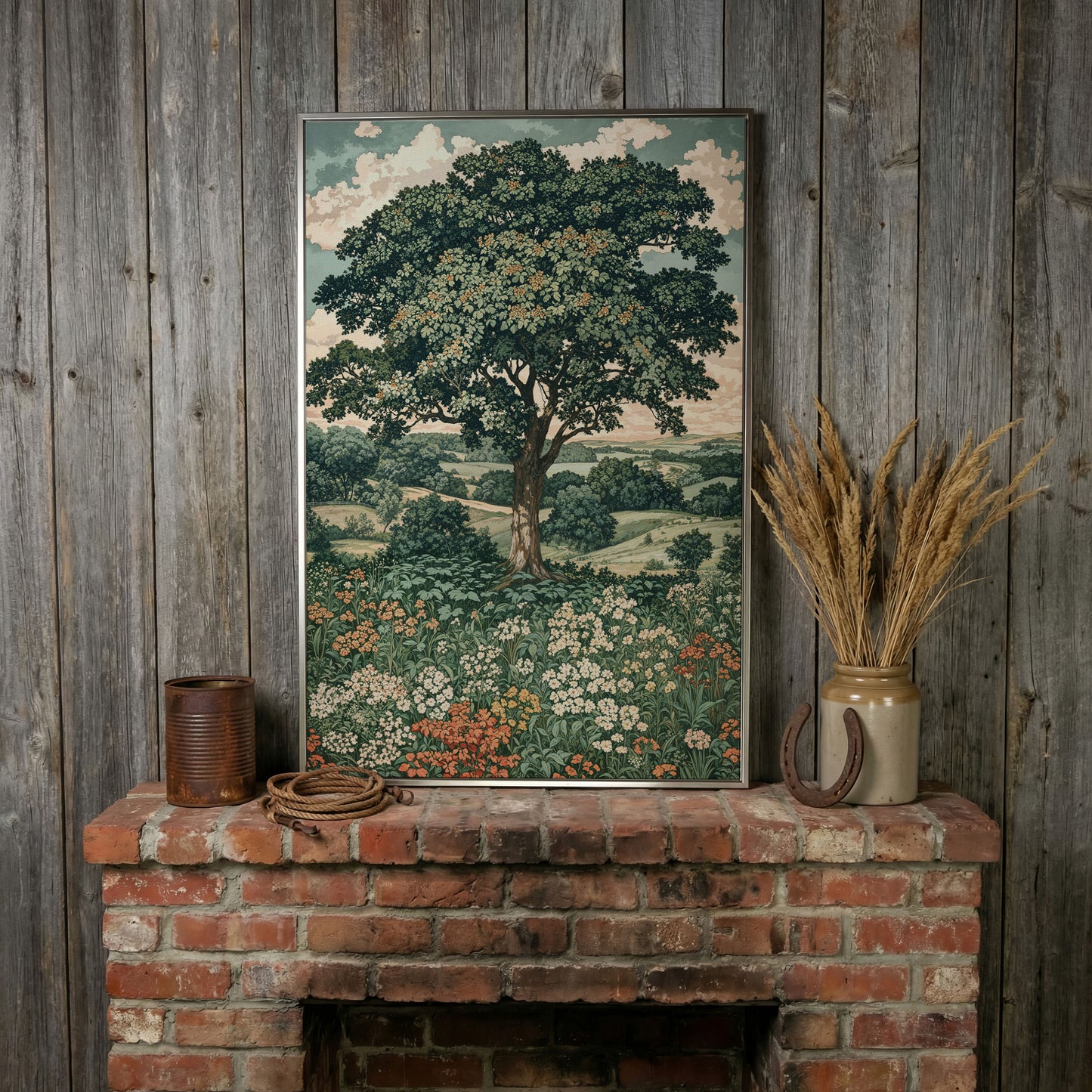 Wildflower Meadow and Rolling Hills Canvas Wall Art in silver floating frame