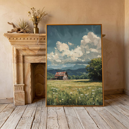 Red Barn and Wildflower Field Canvas Wall Art in antique gold floating frame