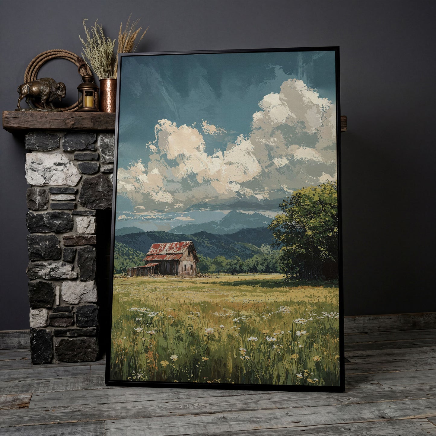 Red Barn and Wildflower Field Canvas Wall Art in black floating frame