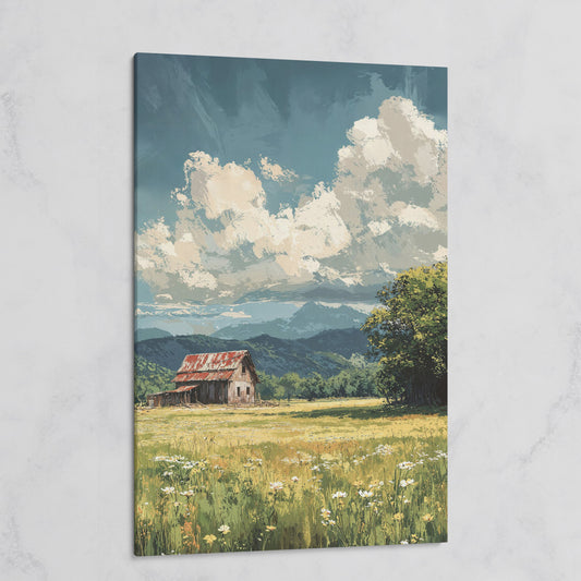 Red Barn and Wildflower Field Canvas Wall Art on gallery wrap