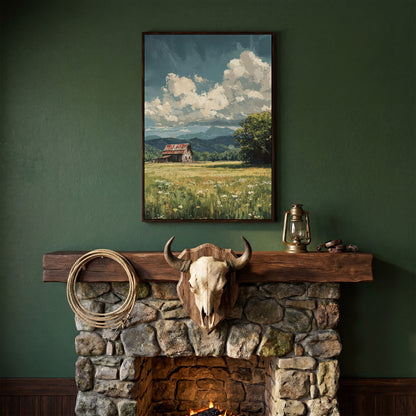 Red Barn and Wildflower Field Canvas Wall Art in dark walnut floating frame