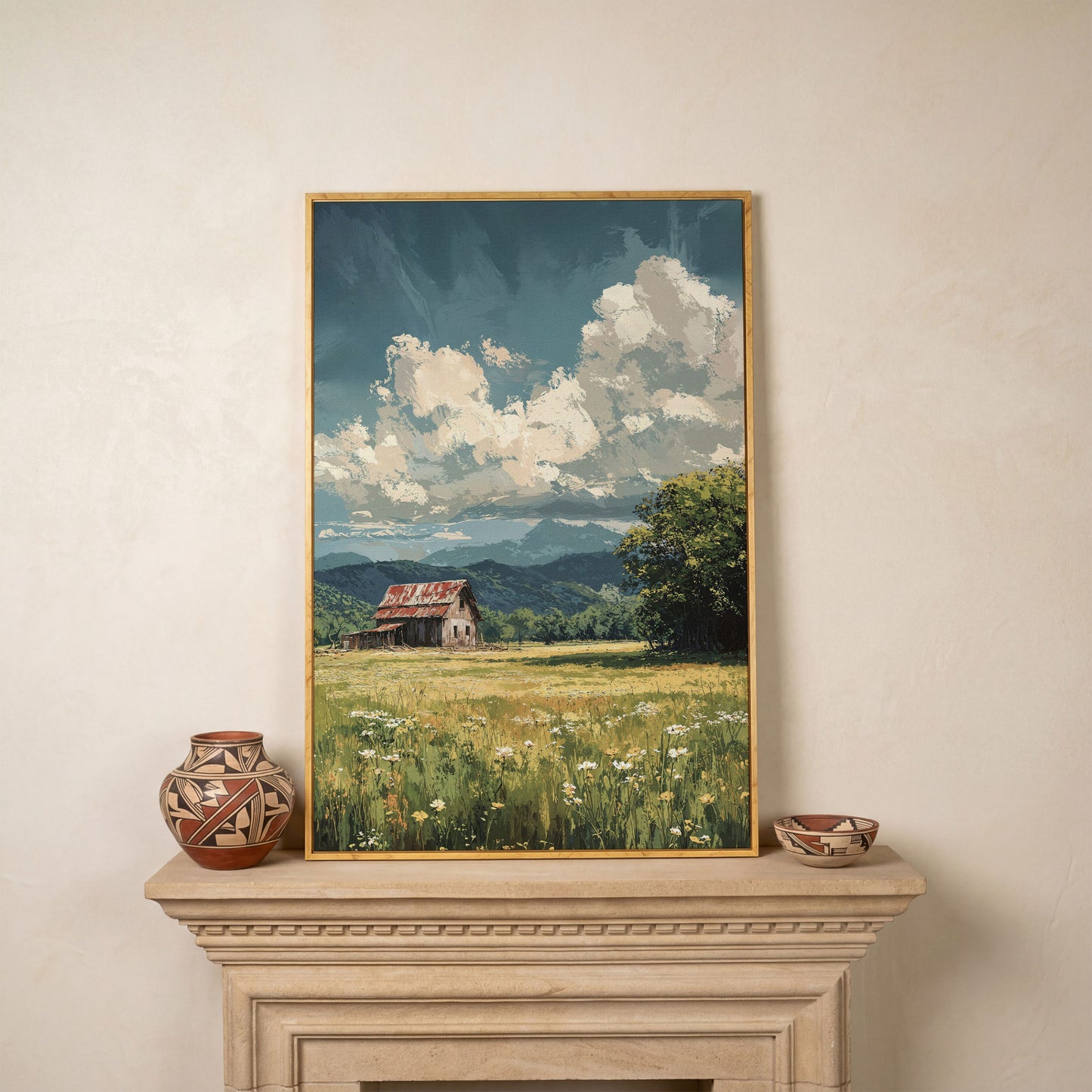 Red Barn and Wildflower Field Canvas Wall Art in white oak floating frame