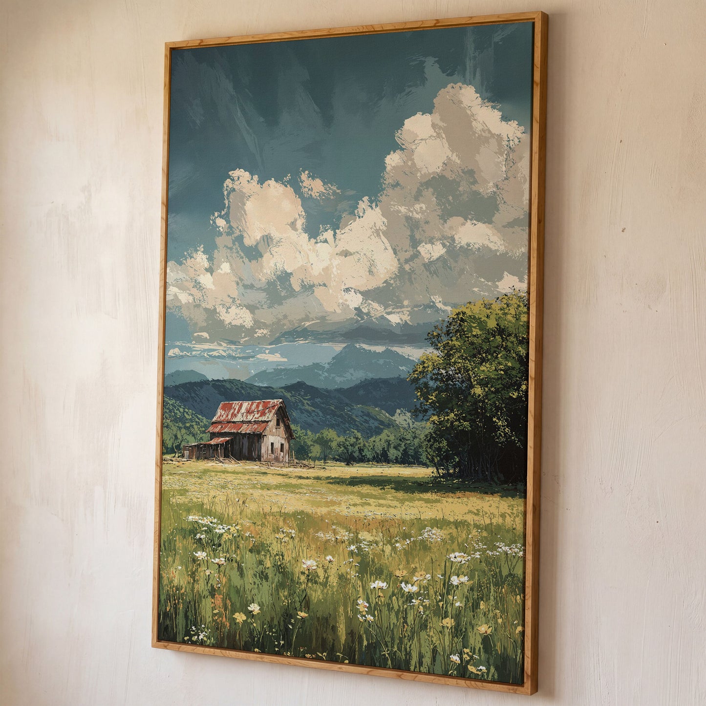 Red Barn and Wildflower Field Canvas Wall Art shown in white oak floating frame