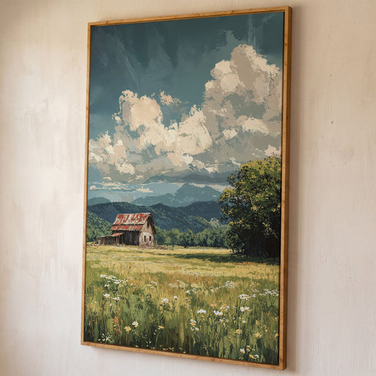Red Barn and Wildflower Field Canvas Wall Art shown in white oak floating frame